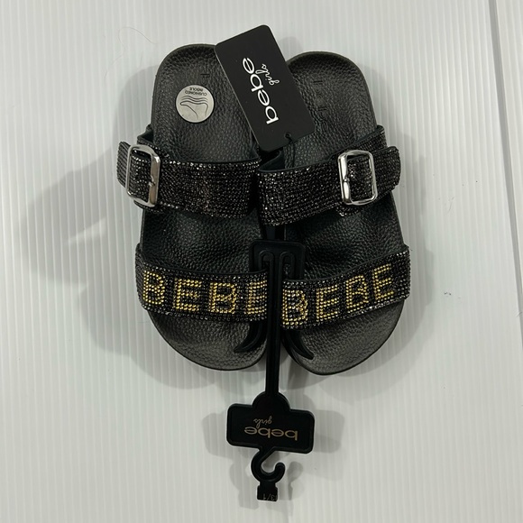 67. NWT Girls Bebe Glittery Black and Gold‎ Slides - Picture 1 of 12